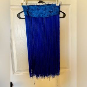 Royal blue bellydance hip scarf with fringe and sequins.